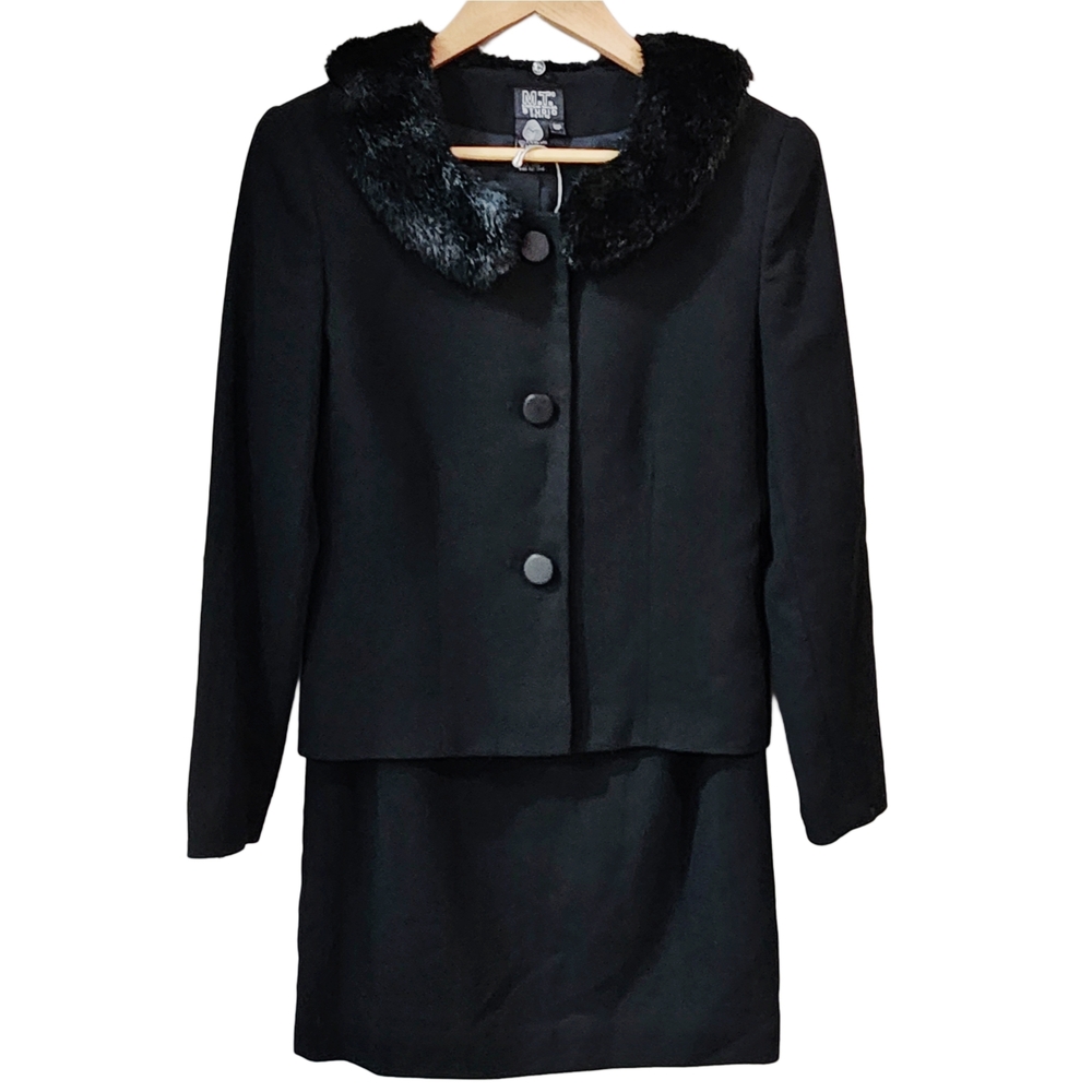 Vintage MT Studio Black 100% Wool Suit/Skirt Set w/Removable Faux Fur Collar, 6P - Picture 2 of 9